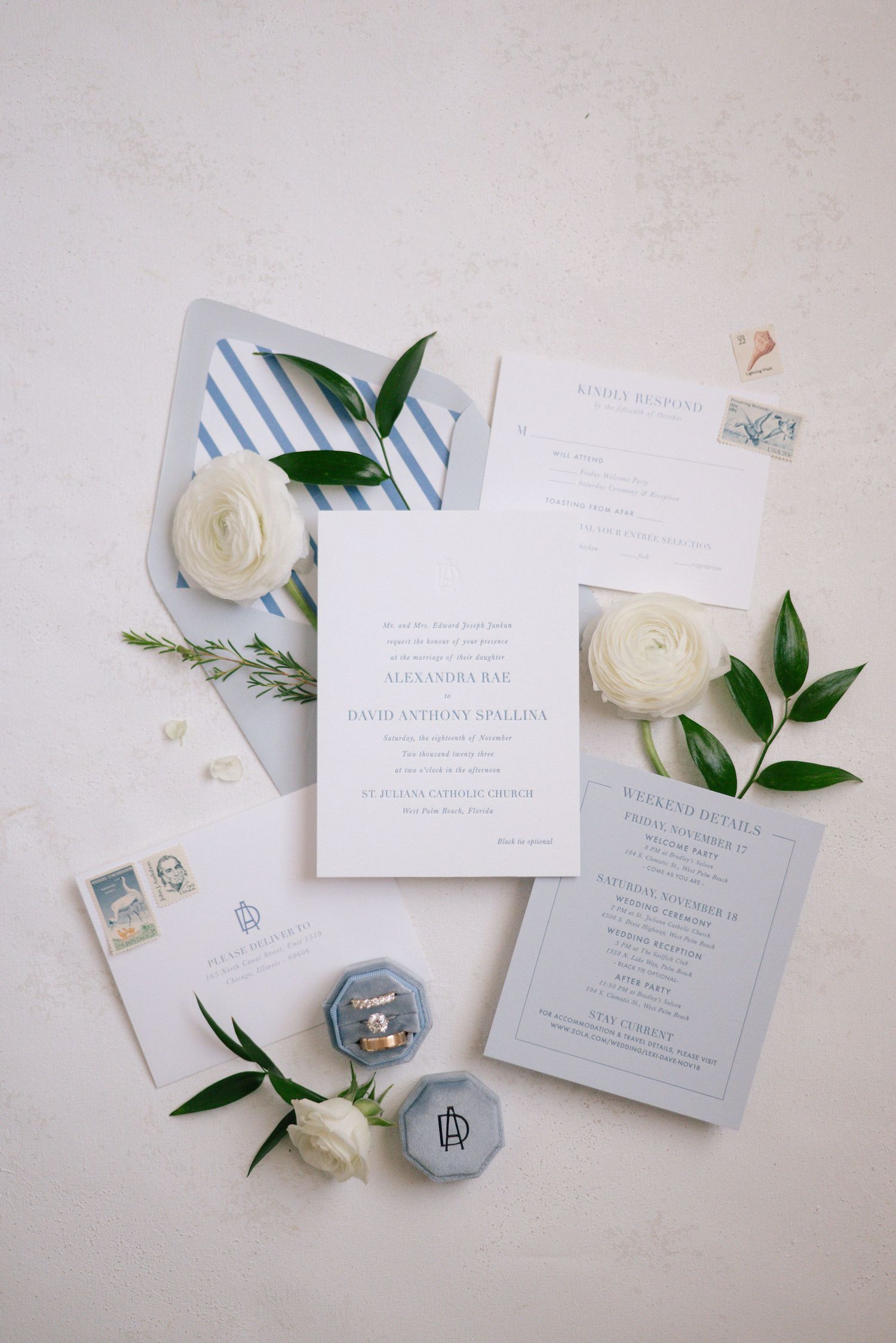 Elegant wedding invitation suite with white ranunculus flowers, green leaves, and rings on a light background.
