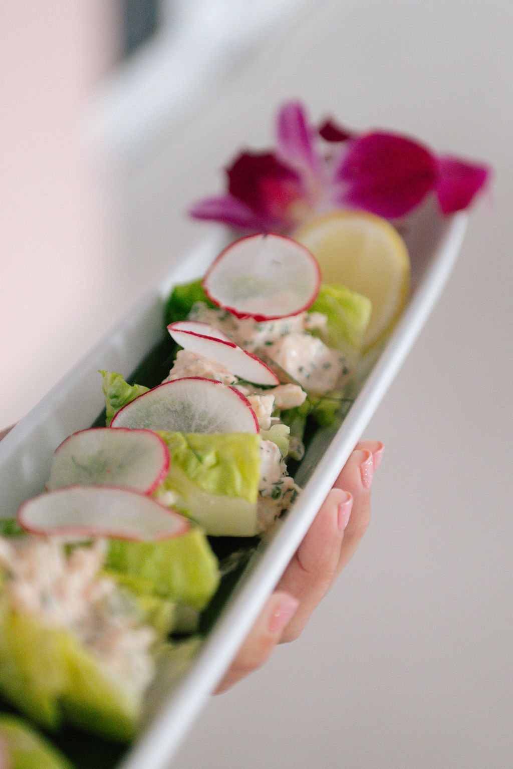 Elegant plated salad with sliced radishes and purple orchid garnish.