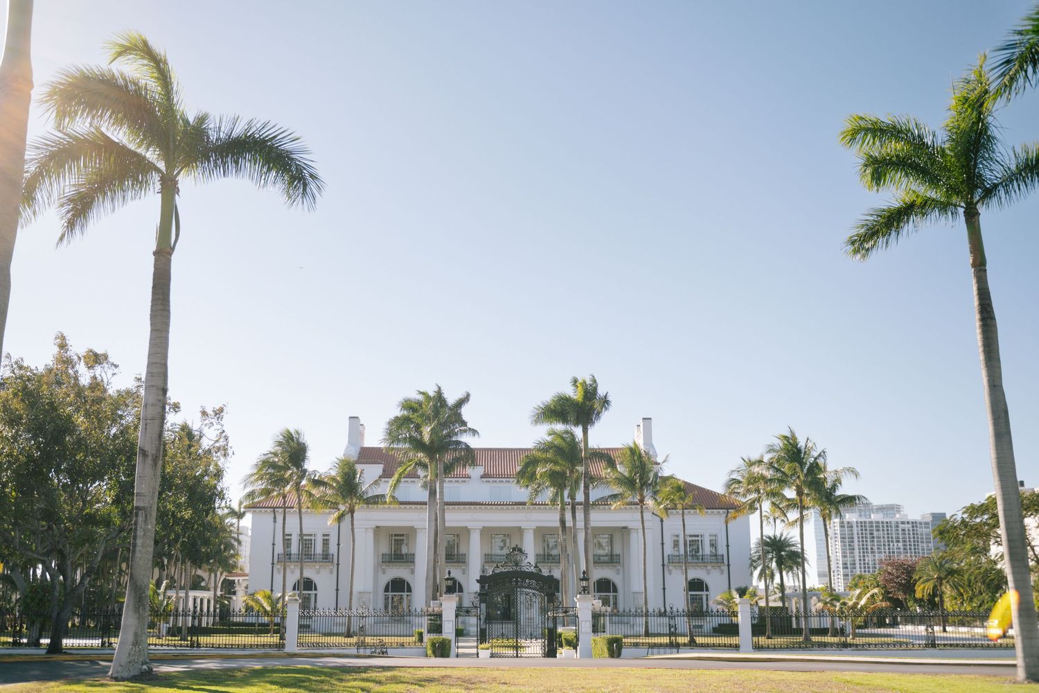 Elegant white buildings with palm trees line a tropical resort property.