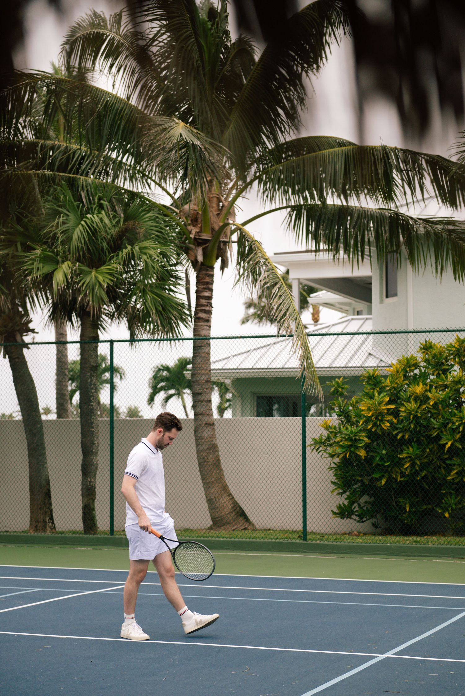 A tennis court surrounded by palm trees and tropical landscaping on a sunny day.
