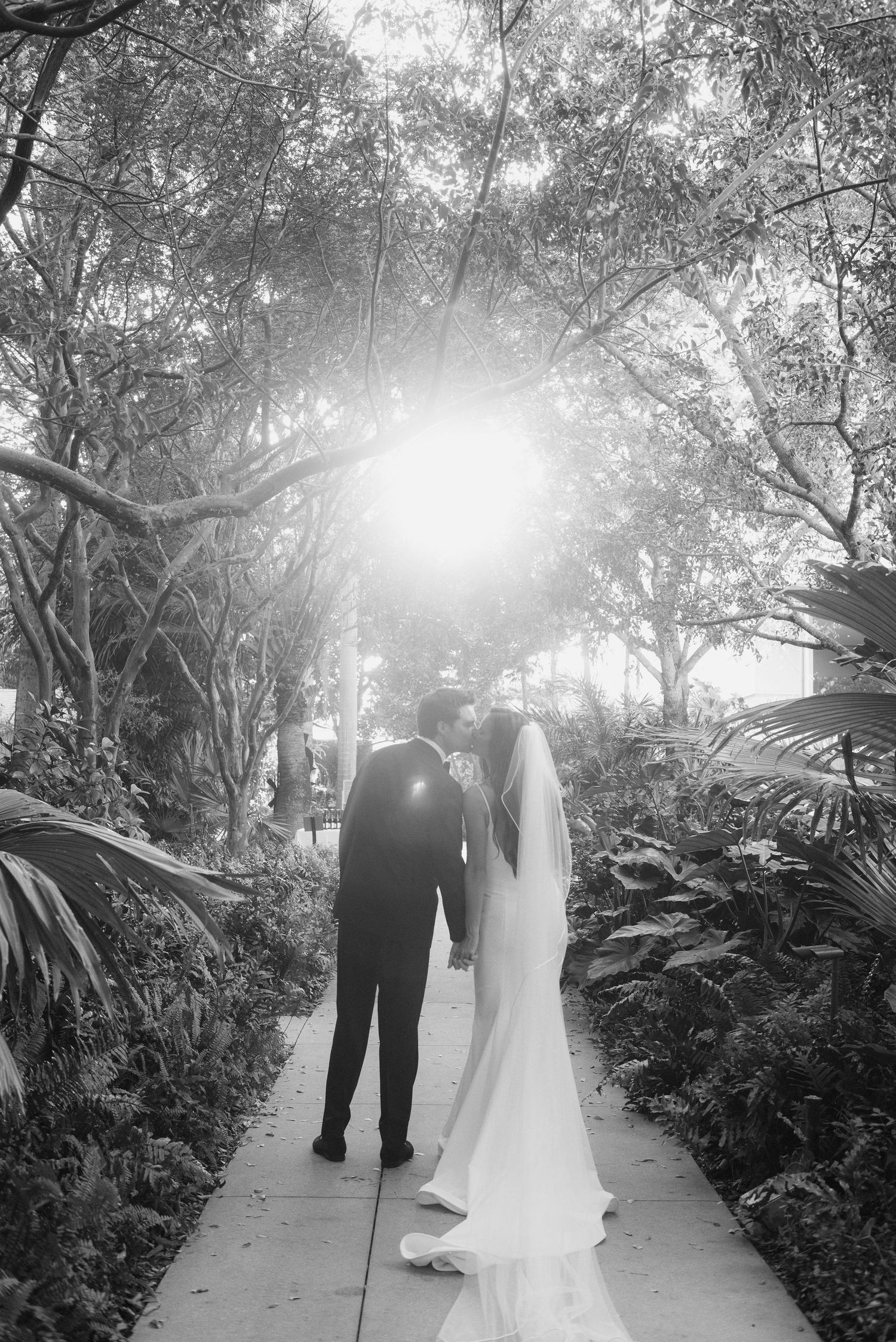 A romantic wedding couple walks along a sunlit garden path surrounded by lush tropical foliage.
