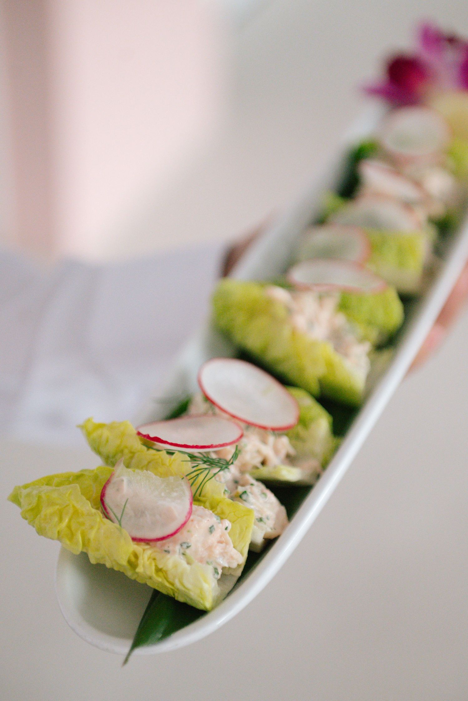 Elegant appetizers served on lettuce leaves with radish garnish on a white platter.