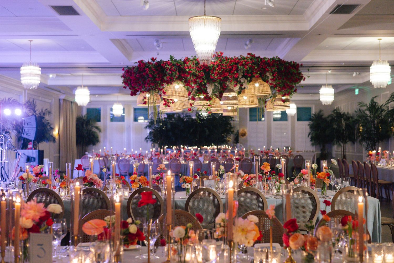 Elegant ballroom reception with purple lighting and hanging floral installations.