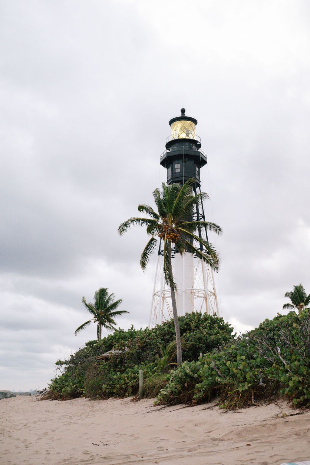 Lighthouse stands tall on sandy beach surrounded by palm trees and tropical vegetation.