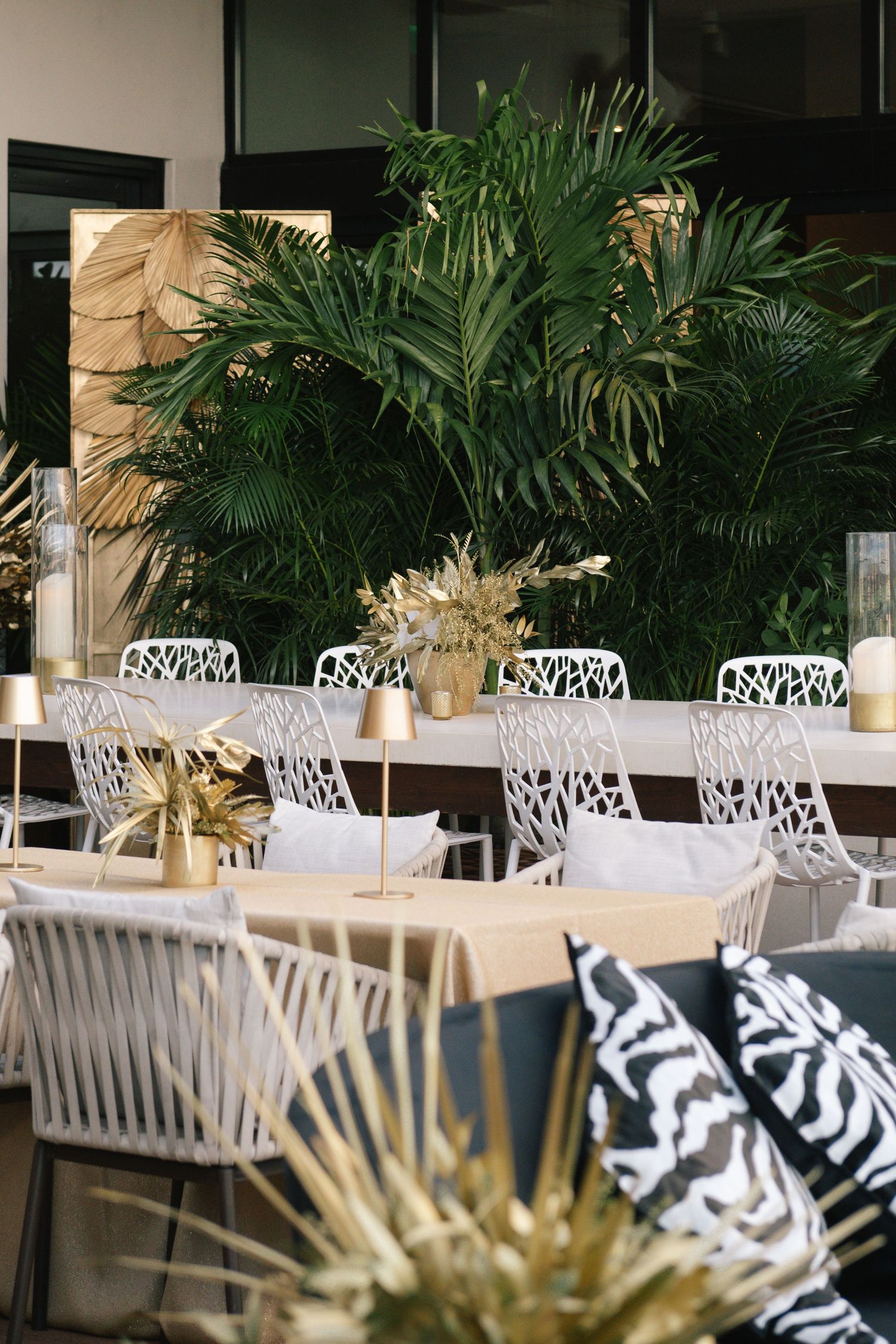 Elegant outdoor restaurant seating area with white chairs and palm trees creating a tropical ambiance.