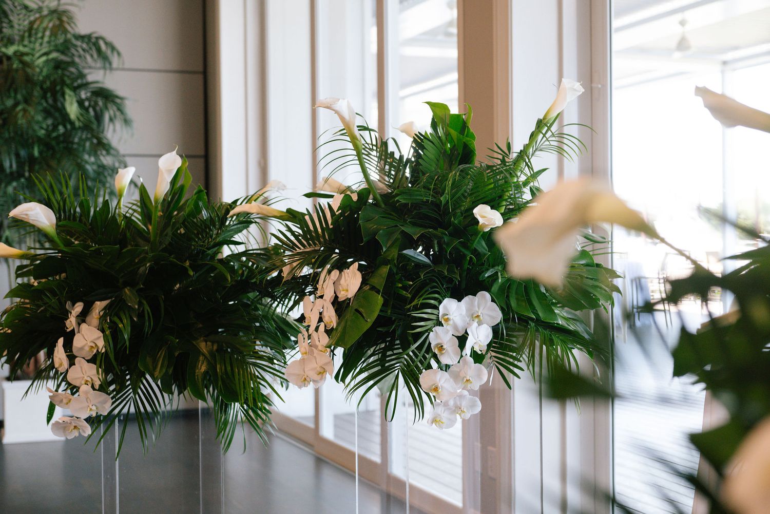 Tropical greenery and white floral decorations line the windows of an elegant event space.