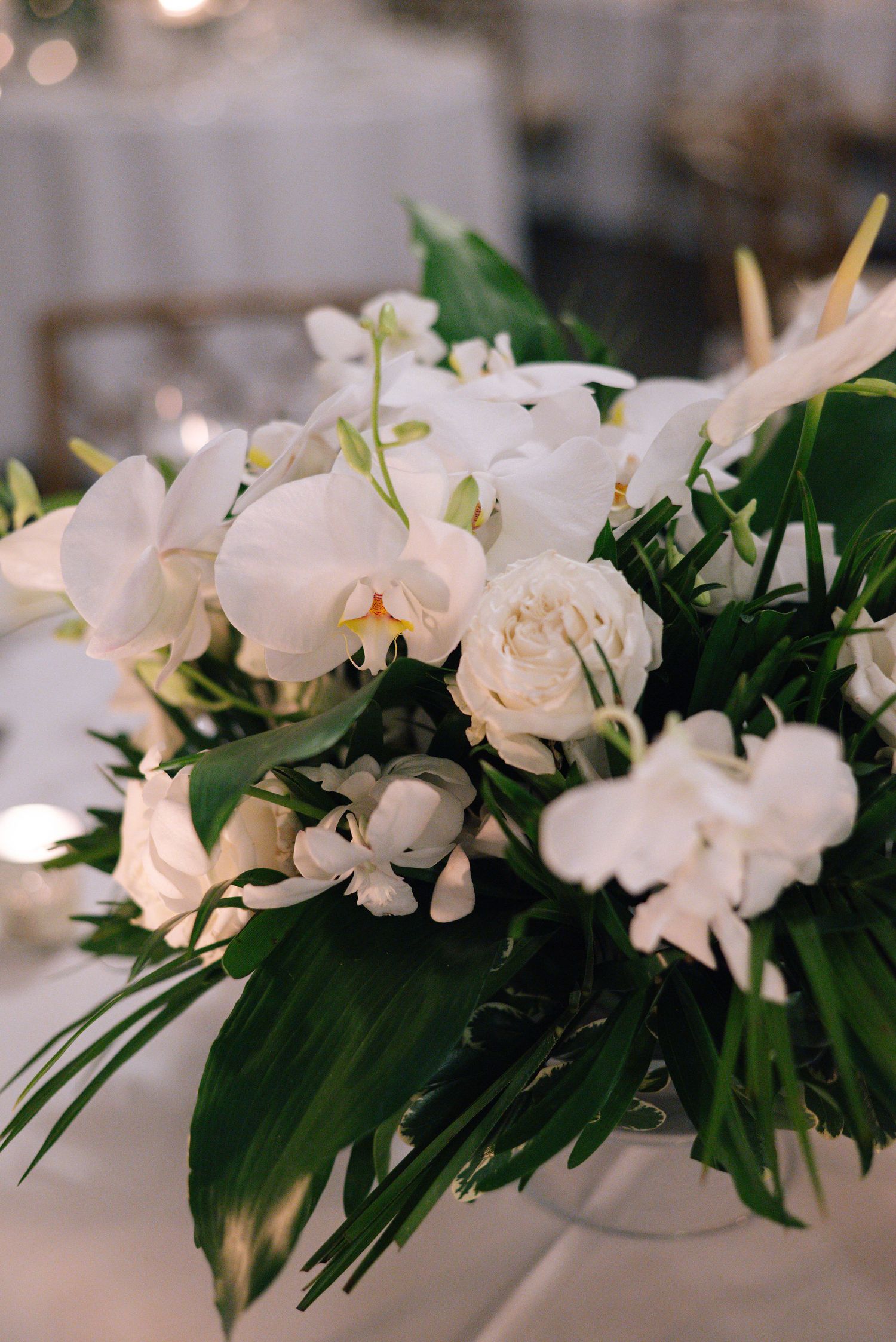 Close-up of white orchid and rose floral arrangements with lush green foliage.