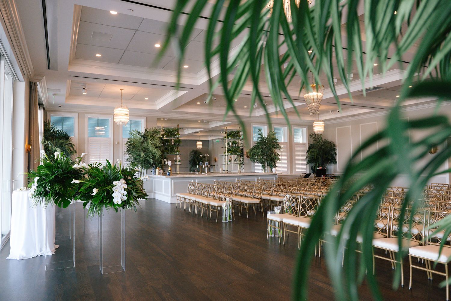 Bright reception hall with palm decor and natural light streaming through large windows.