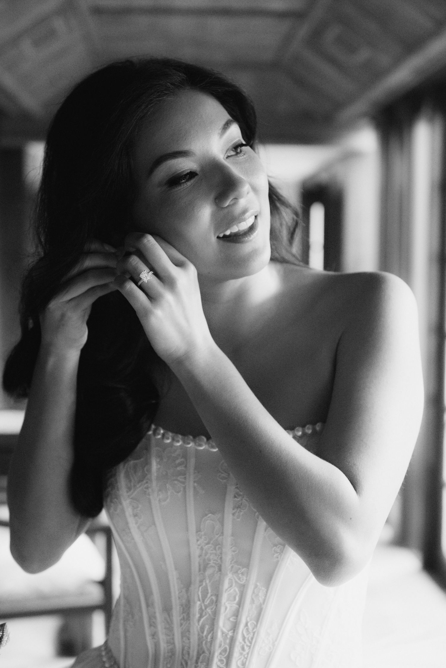 Artistic black and white portrait showing joyful expressions.
