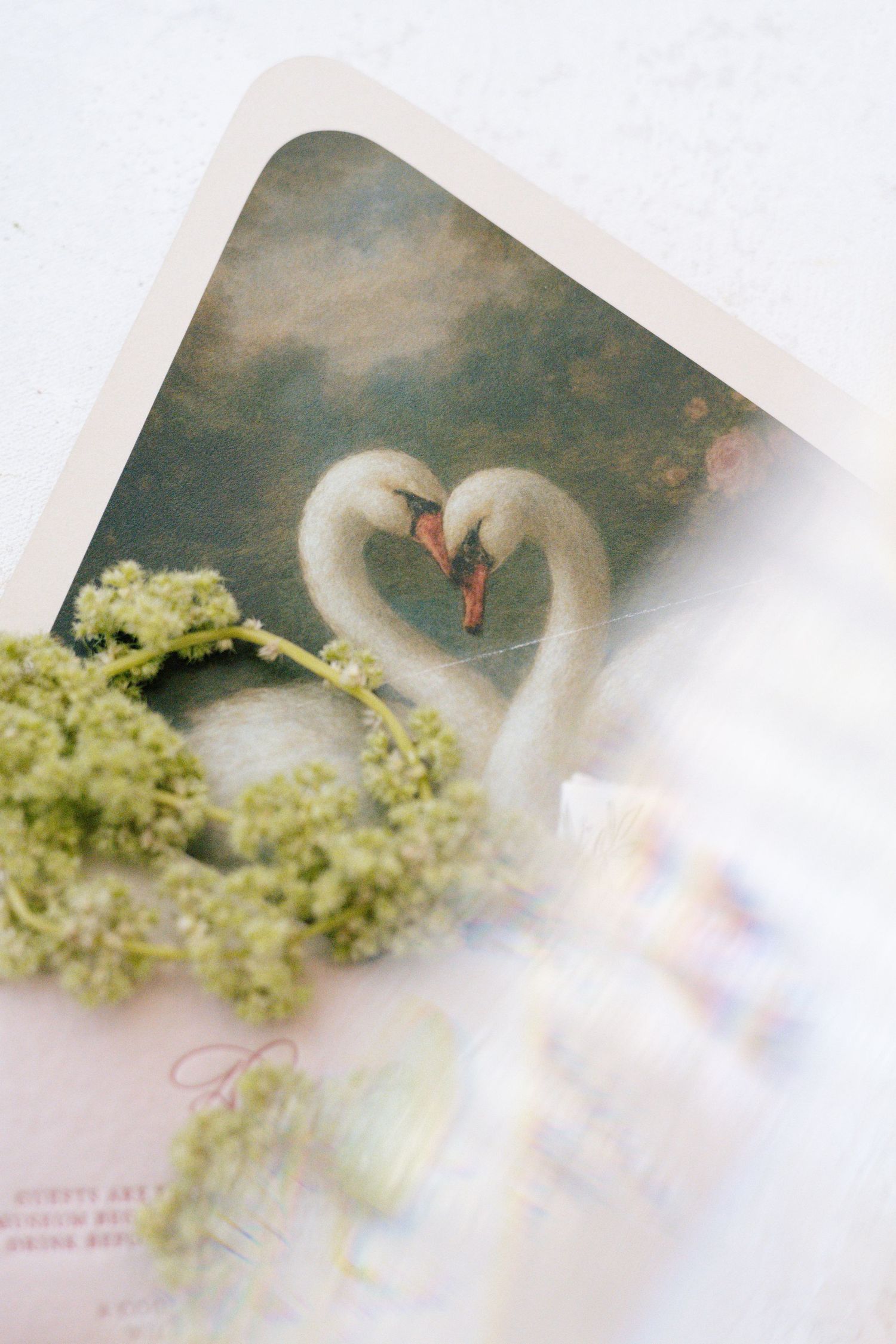 Artistic photo series of a white swan among green foliage with a dreamy, ethereal quality.