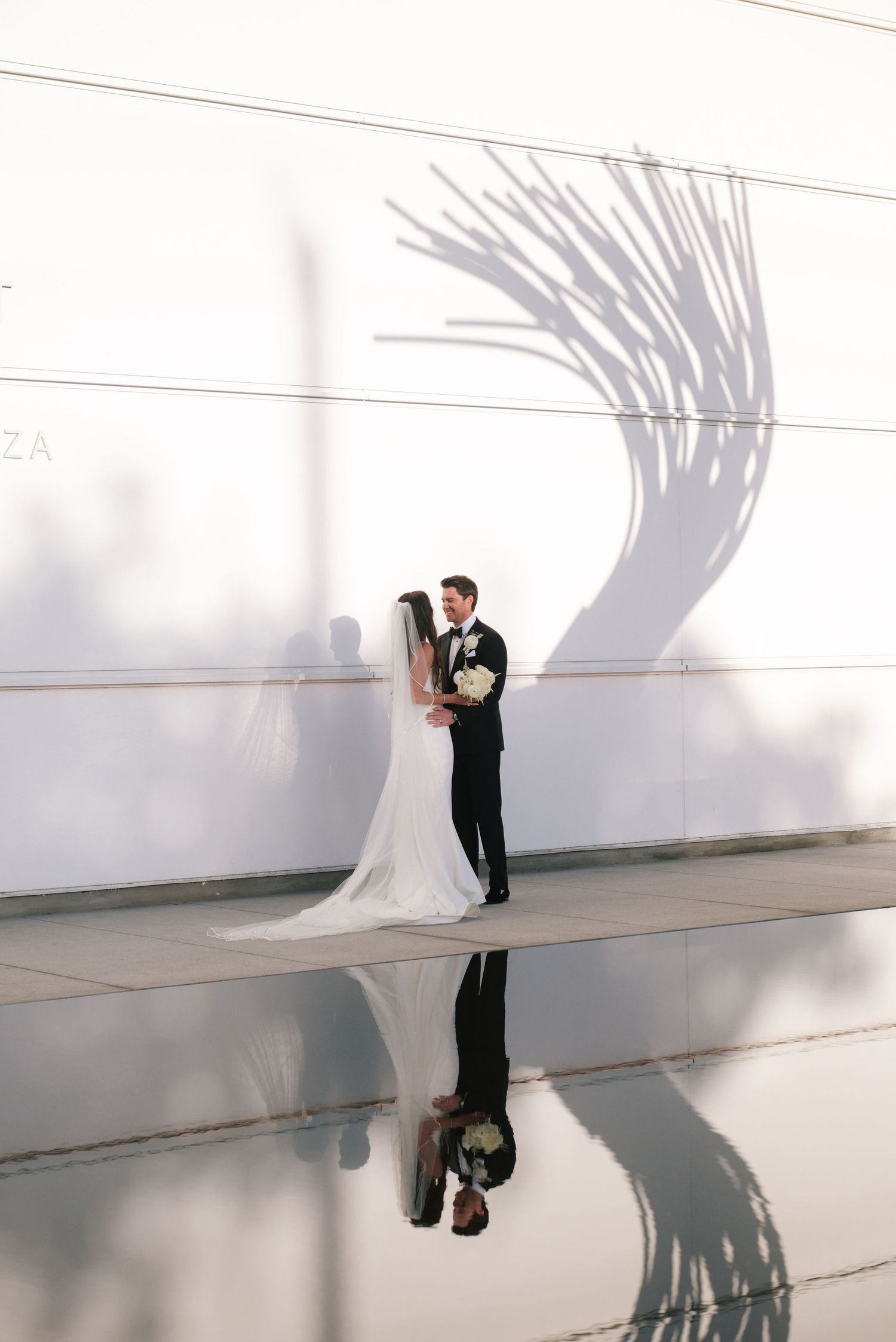 A wedding couple embraces against a white wall with palm frond shadows creating a dramatic reflection.