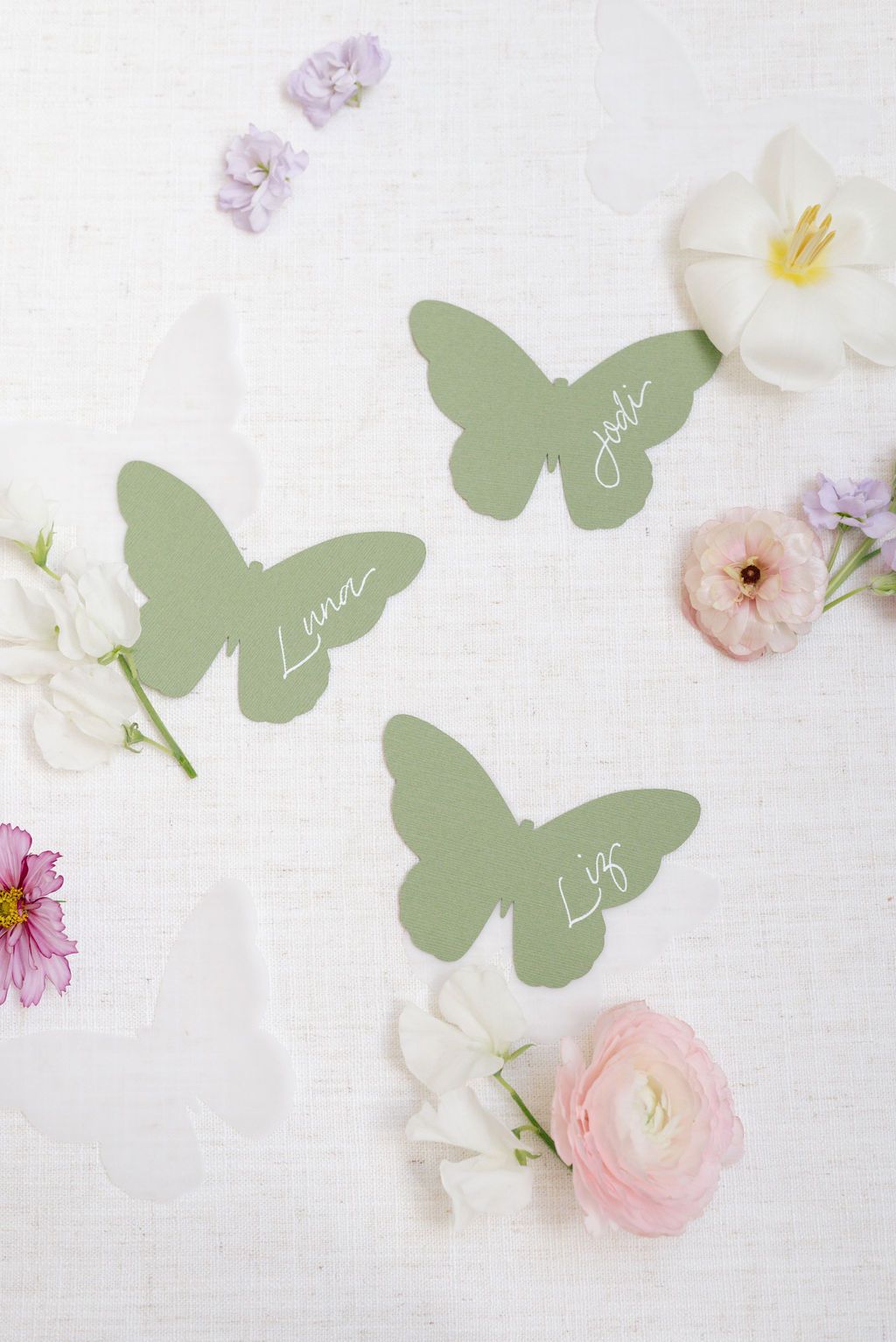Delicate floral arrangement with pale pink ranunculus and white flowers alongside sage green butterfly cutouts.
