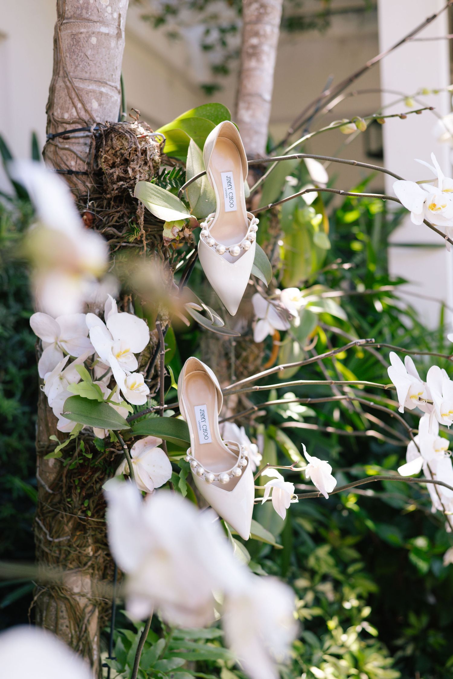 White orchids and delicate flowers decorating a wedding venue with soft natural lighting.