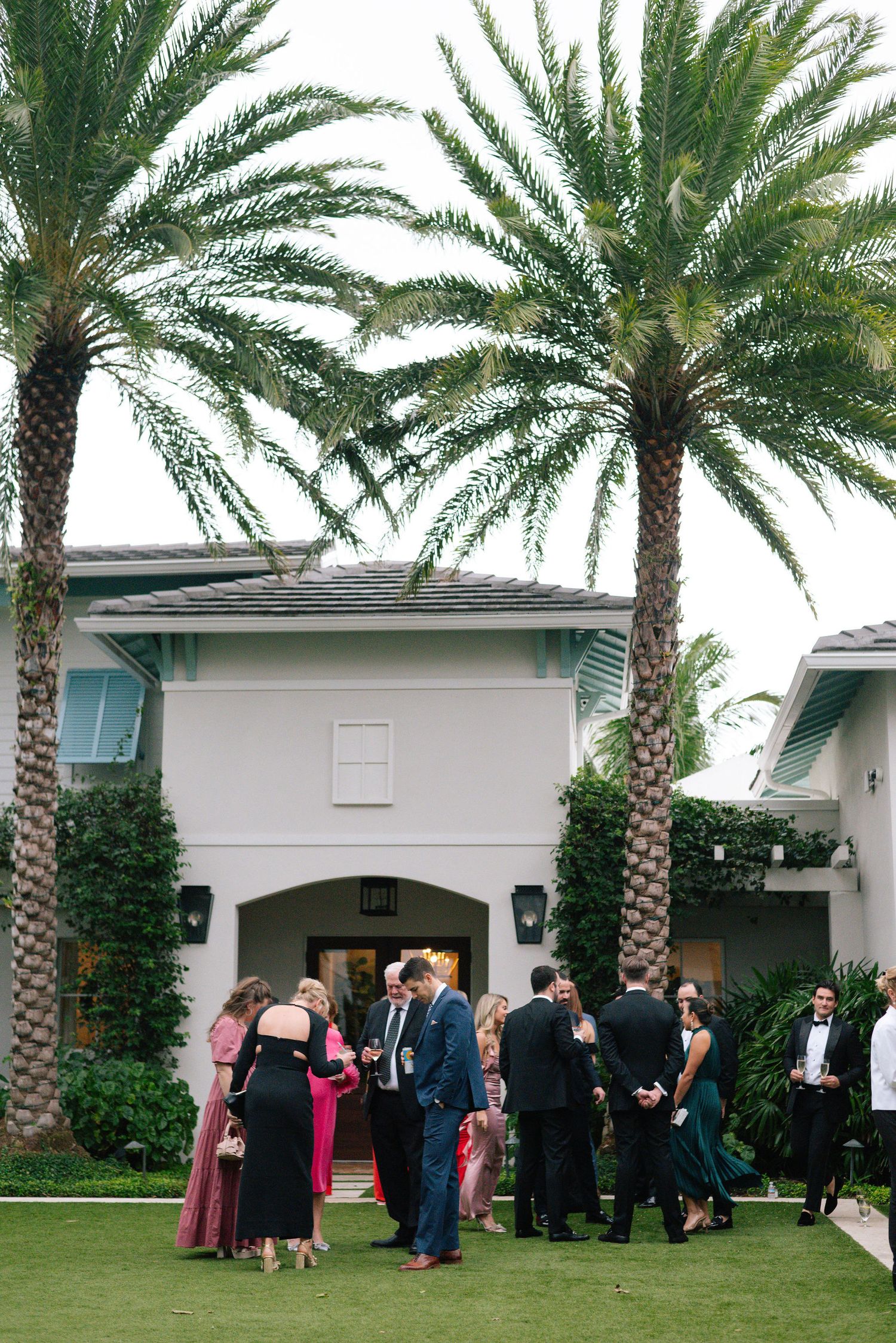 Wedding guests gather outside a white venue building surrounded by tropical palm trees.