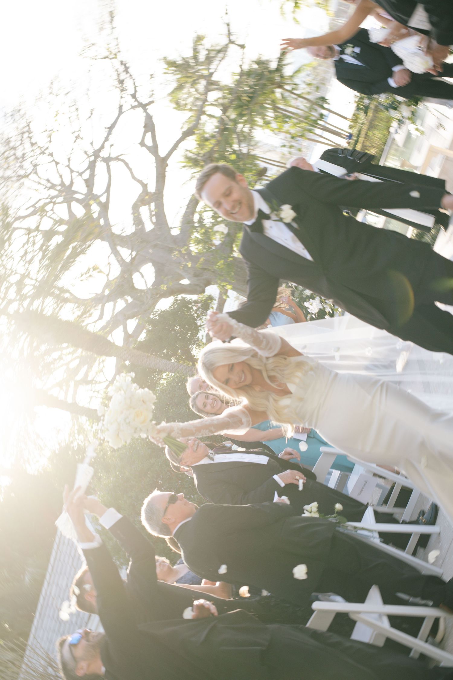 Sunlit wedding ceremony moments captured in backlit outdoor setting.