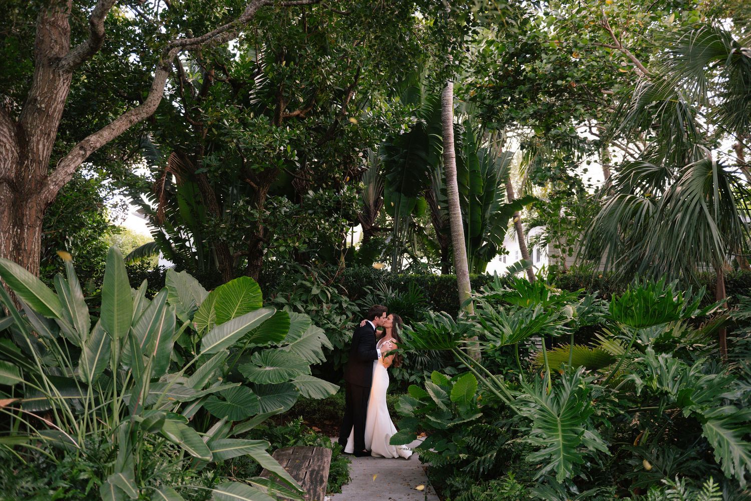 Lush tropical garden walkway with overhanging trees and dense foliage creates a natural wedding setting.