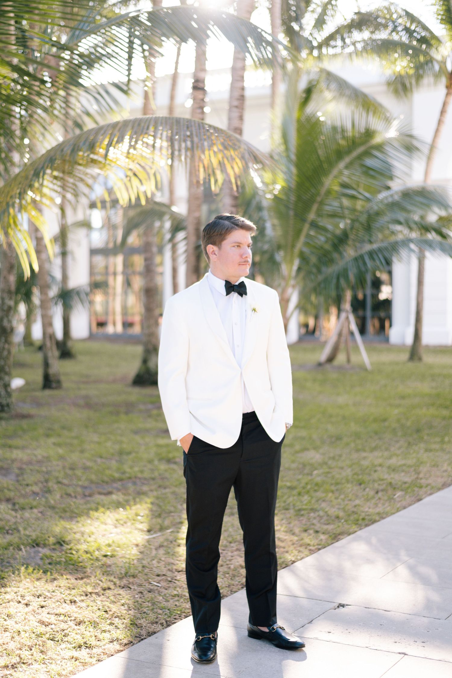 A person in formal attire stands on a white pathway surrounded by tropical palm trees.
