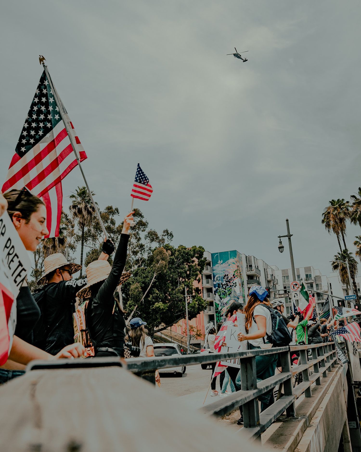 Protesters wave American flags during a demonstration on a sunny day with palm trees in the background.