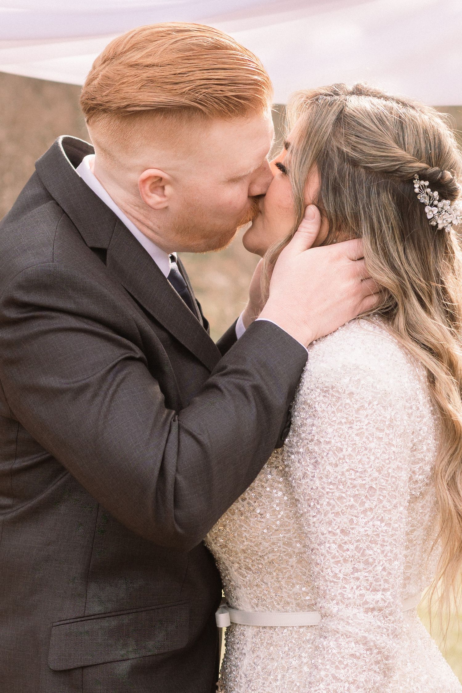 A romantic wedding couple shares a tender kiss in a series of intimate close-up photos.