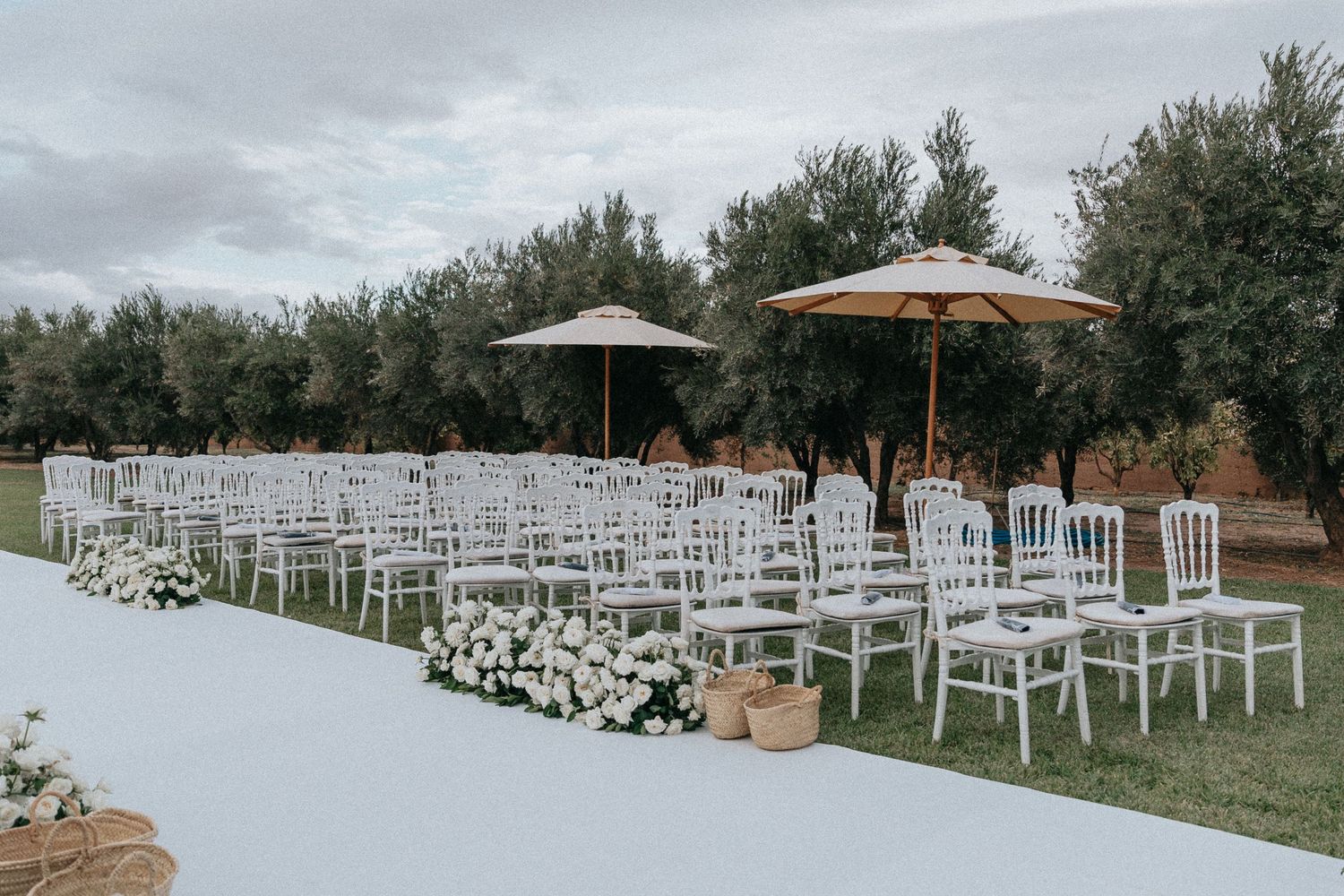 White wedding ceremony setup in Marrakech