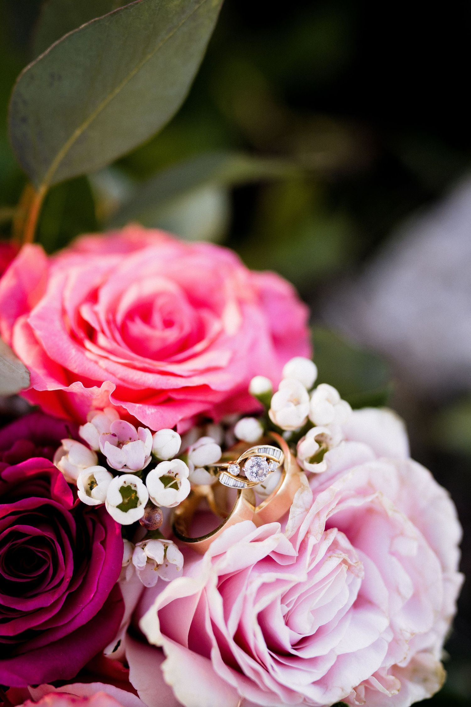 Gold diamond engagement ring resting on a bouquet of pink and magenta roses with white flowers. Stuart, Fl Wedding Photographer