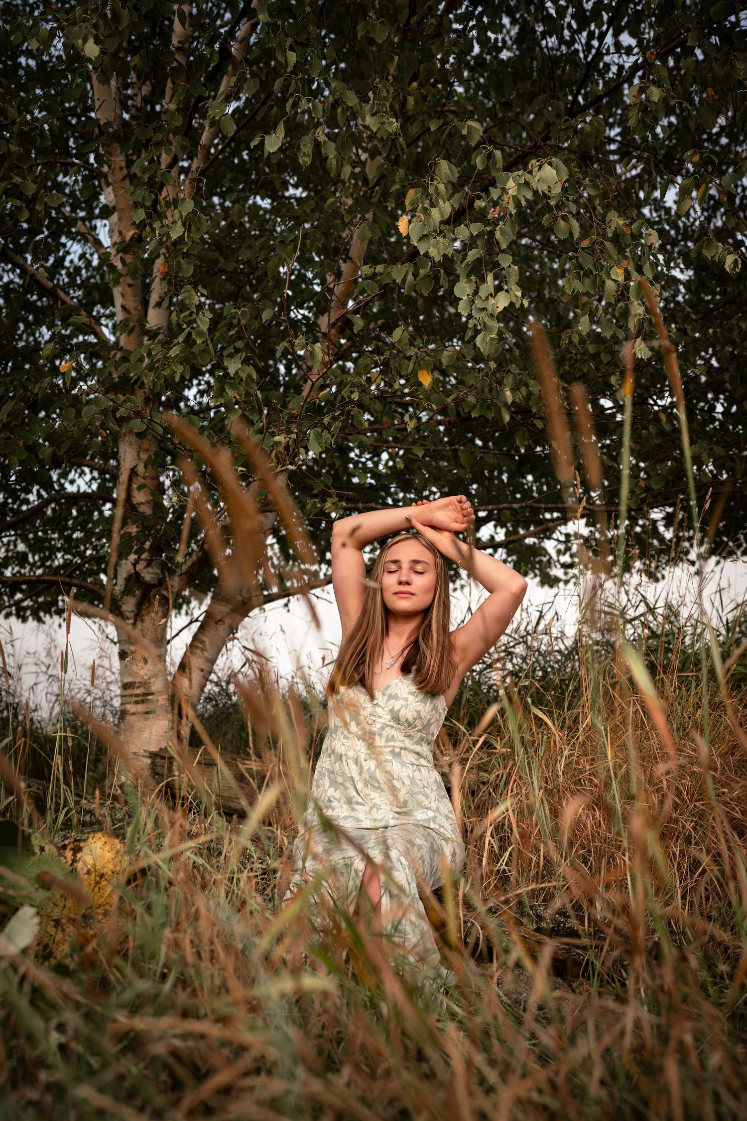 Artistic portrait through tall grass and trees with soft natural lighting.
