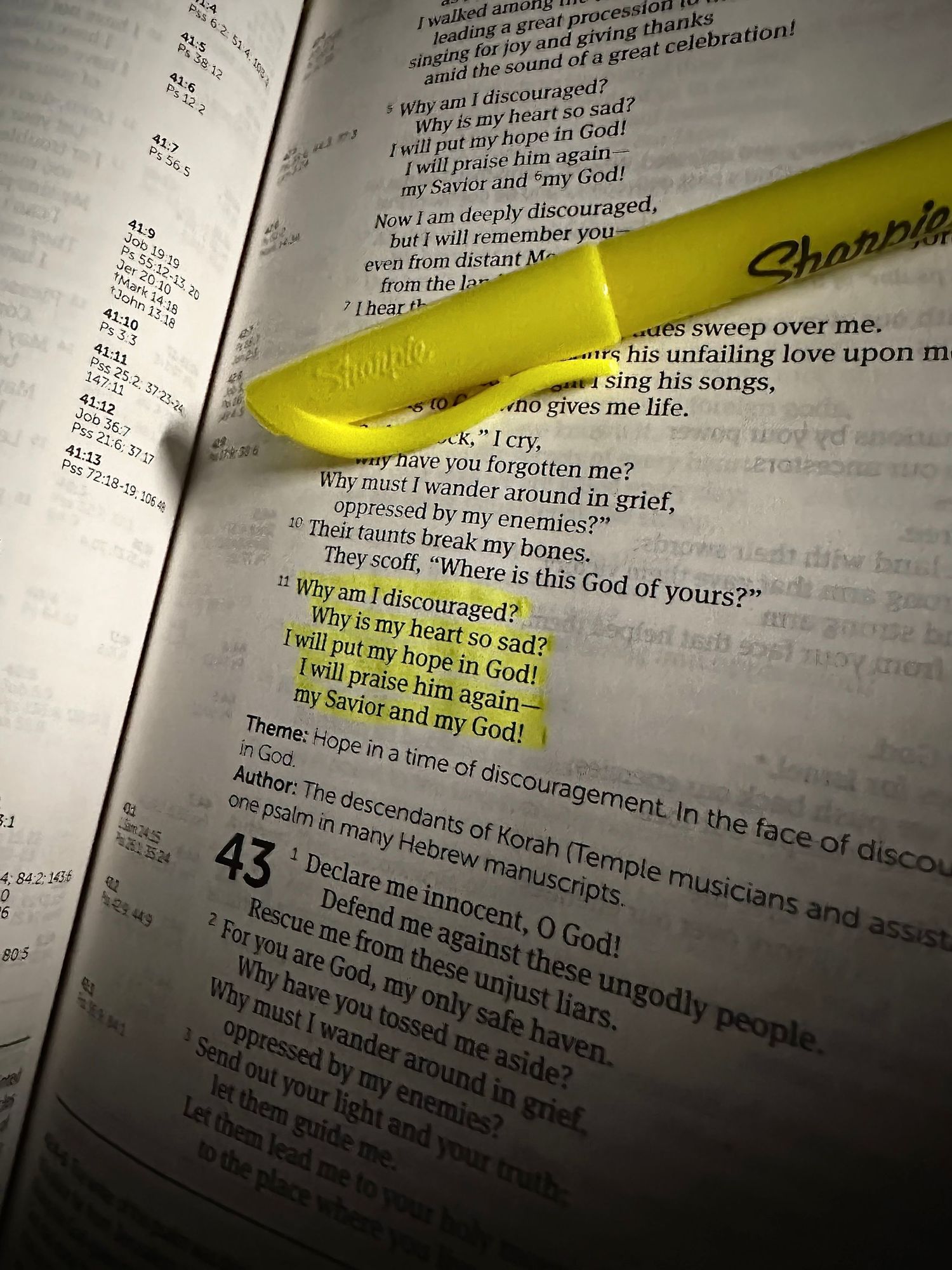 Yellow highlighter marks text in an open Bible page.