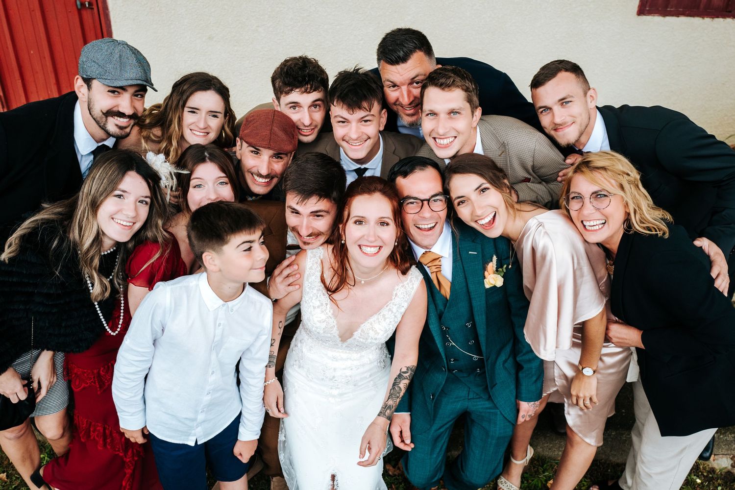 A group of friends posing together in a series of casual indoor photos.
