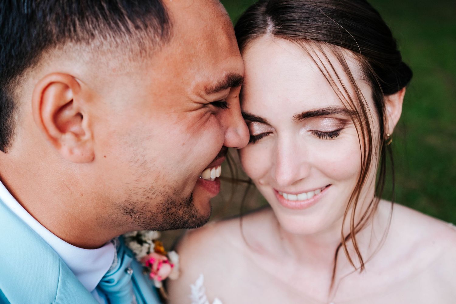 Romantic couple shares intimate moments in a series of outdoor portrait photographs with natural lighting and greenery.