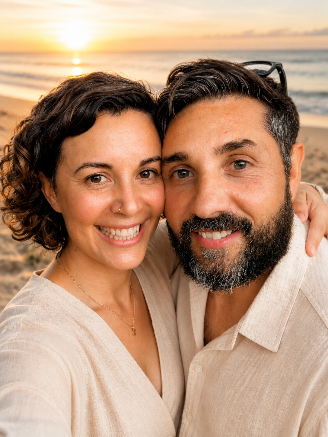 Smiling couple taking a selfie on a beach at sunset, man with beard and woman with curly hair embracing.