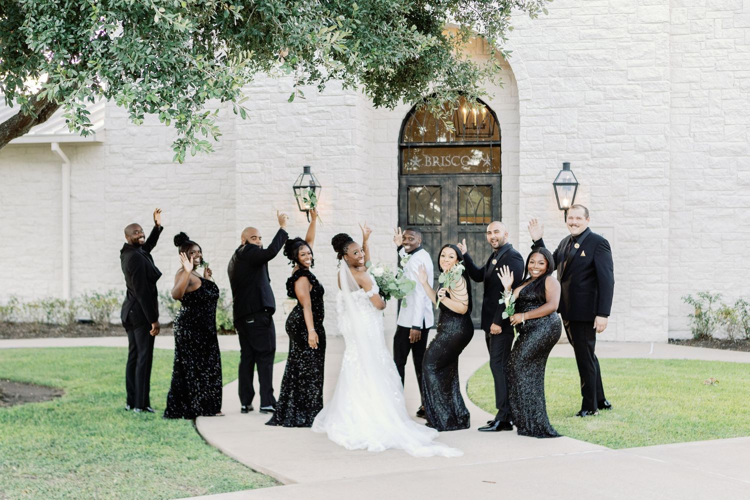 A sequence of wedding party photos showing celebratory group shots with bridesmaids and groomsmen in black against white walls.
