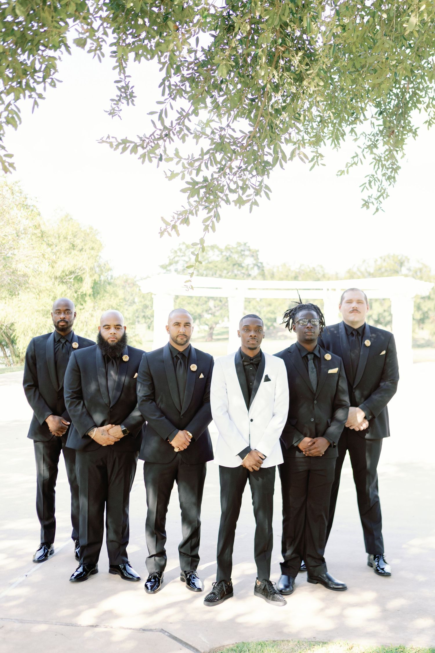 Groomsmen in black tuxedos lined up for a formal wedding photo under trees outdoors.