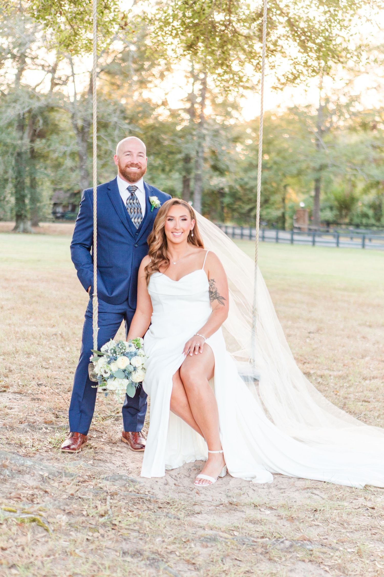 Wedding photography session in sunny outdoor garden setting.