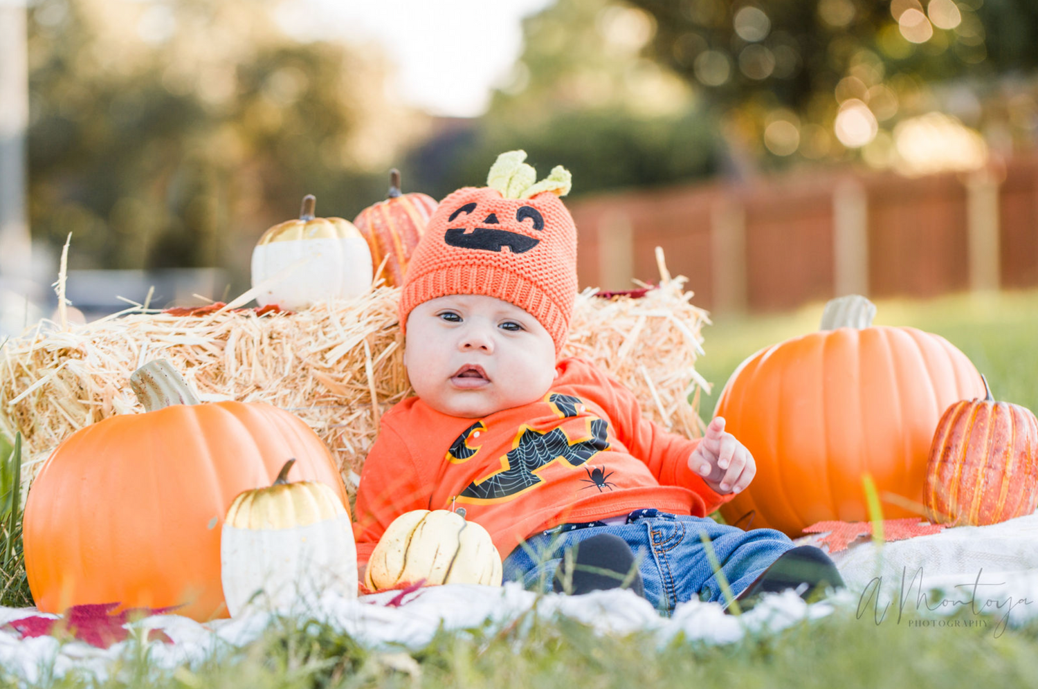 Decorative pumpkins and hay bales arranged in outdoor fall setting.