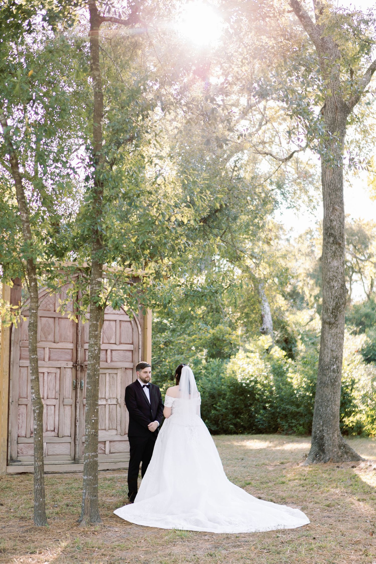 A romantic wedding photo sequence showing a couple in formal attire against rustic wooden doors in a sunlit forest setting.