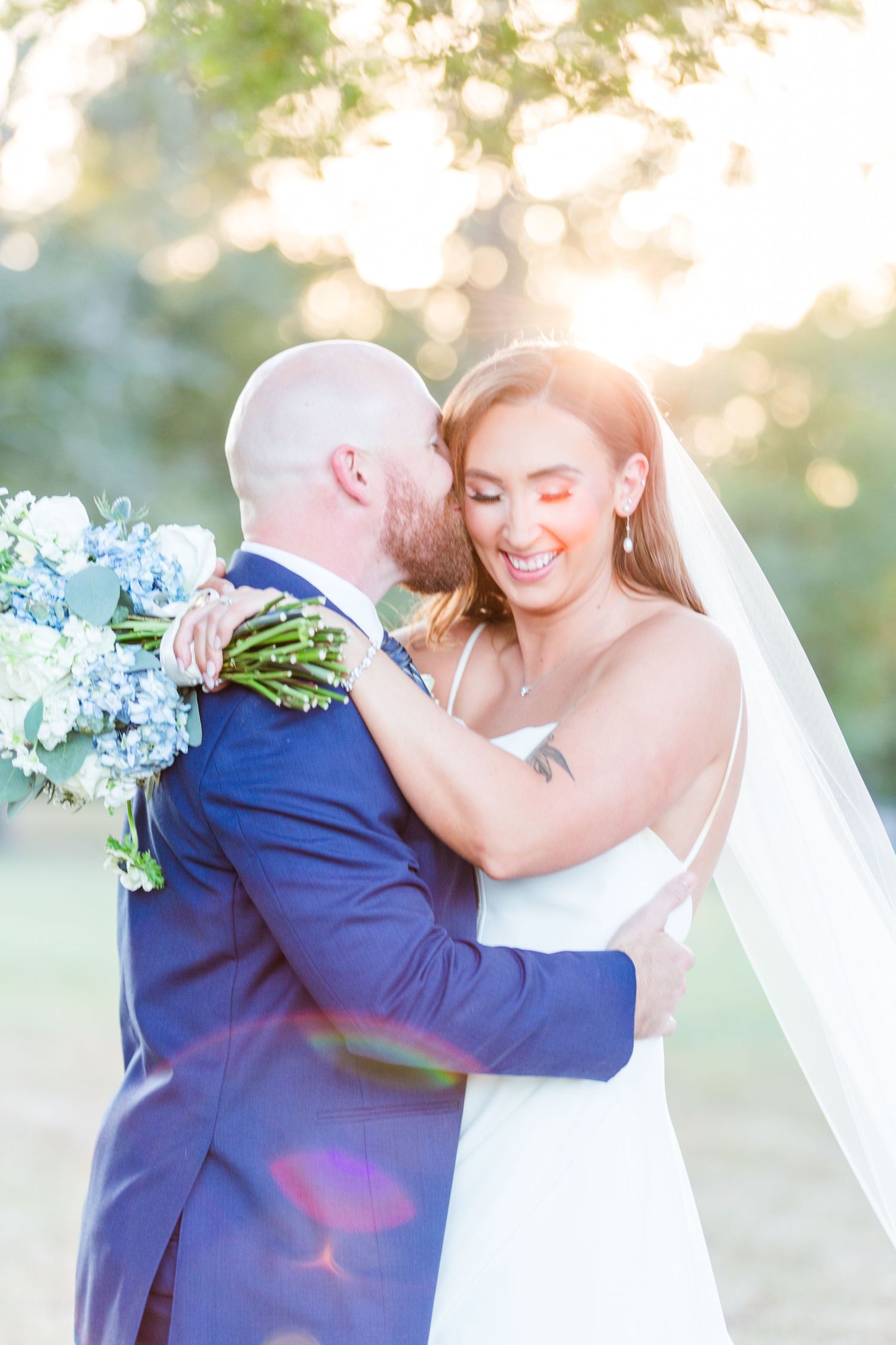 Romantic wedding photos show intimate moments between a couple in a garden setting.