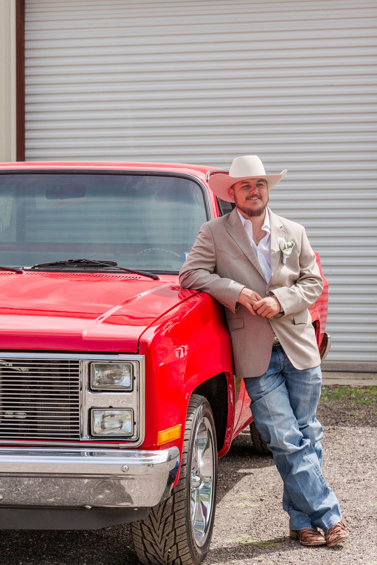 Red vintage car detail shots with cowboy boots and formal attire visible.