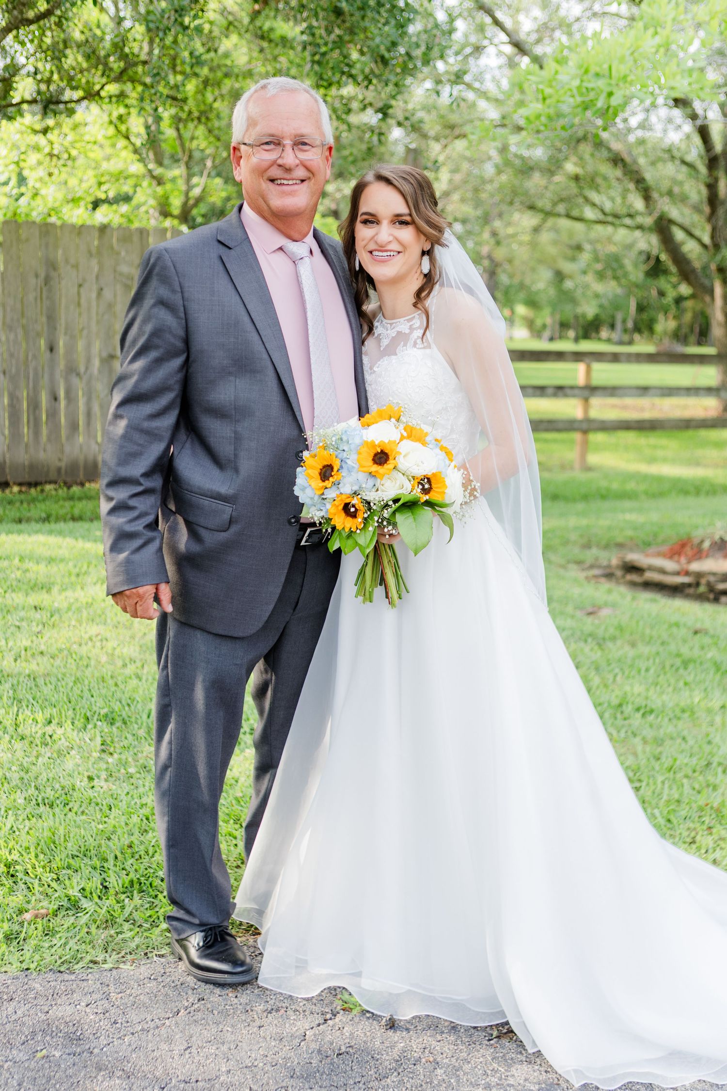 Wedding party photos taken outdoors with elegant formal attire and sunflower bouquets.