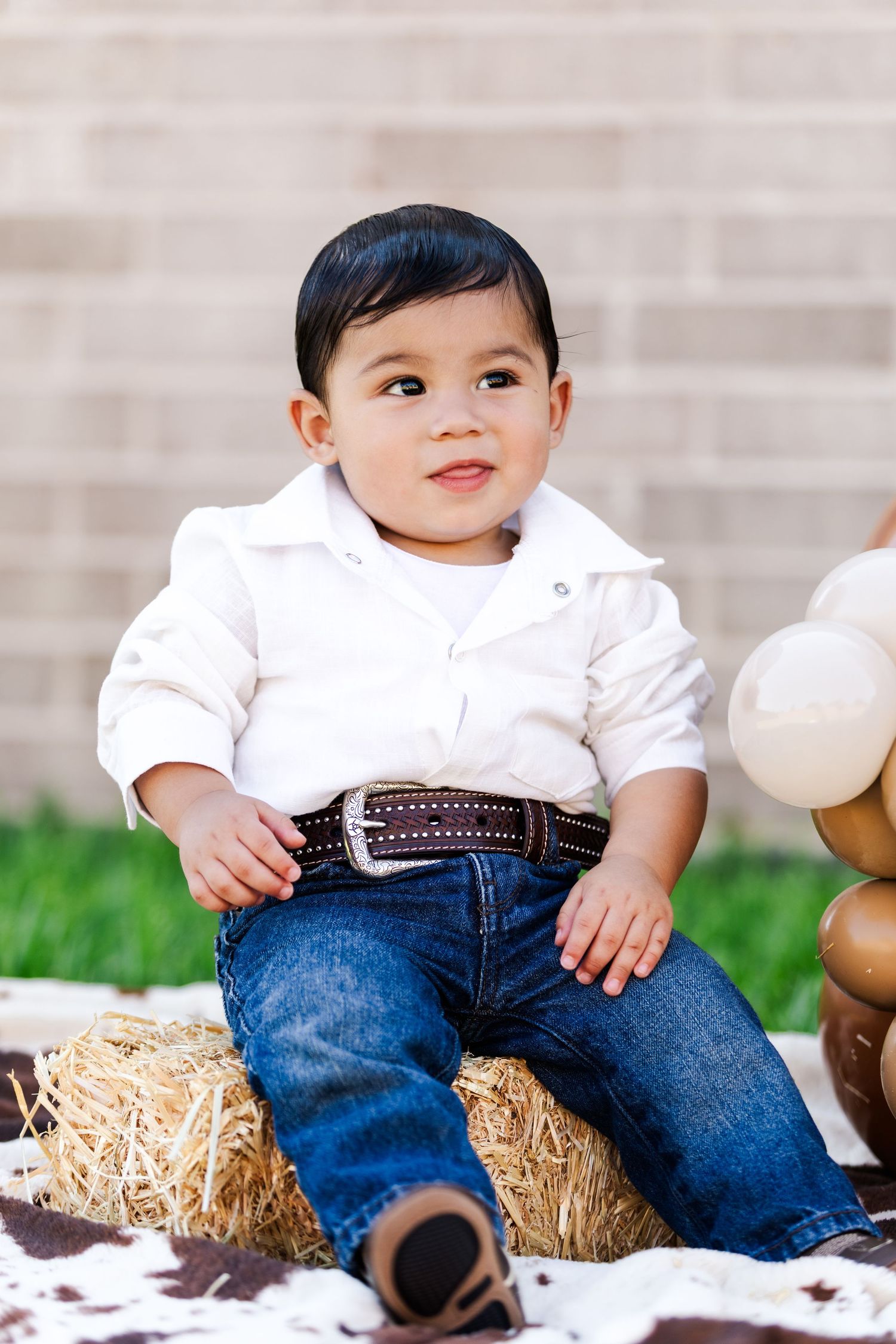 Small child sits on hay bale wearing blue jeans and white shirt near brown balloons.