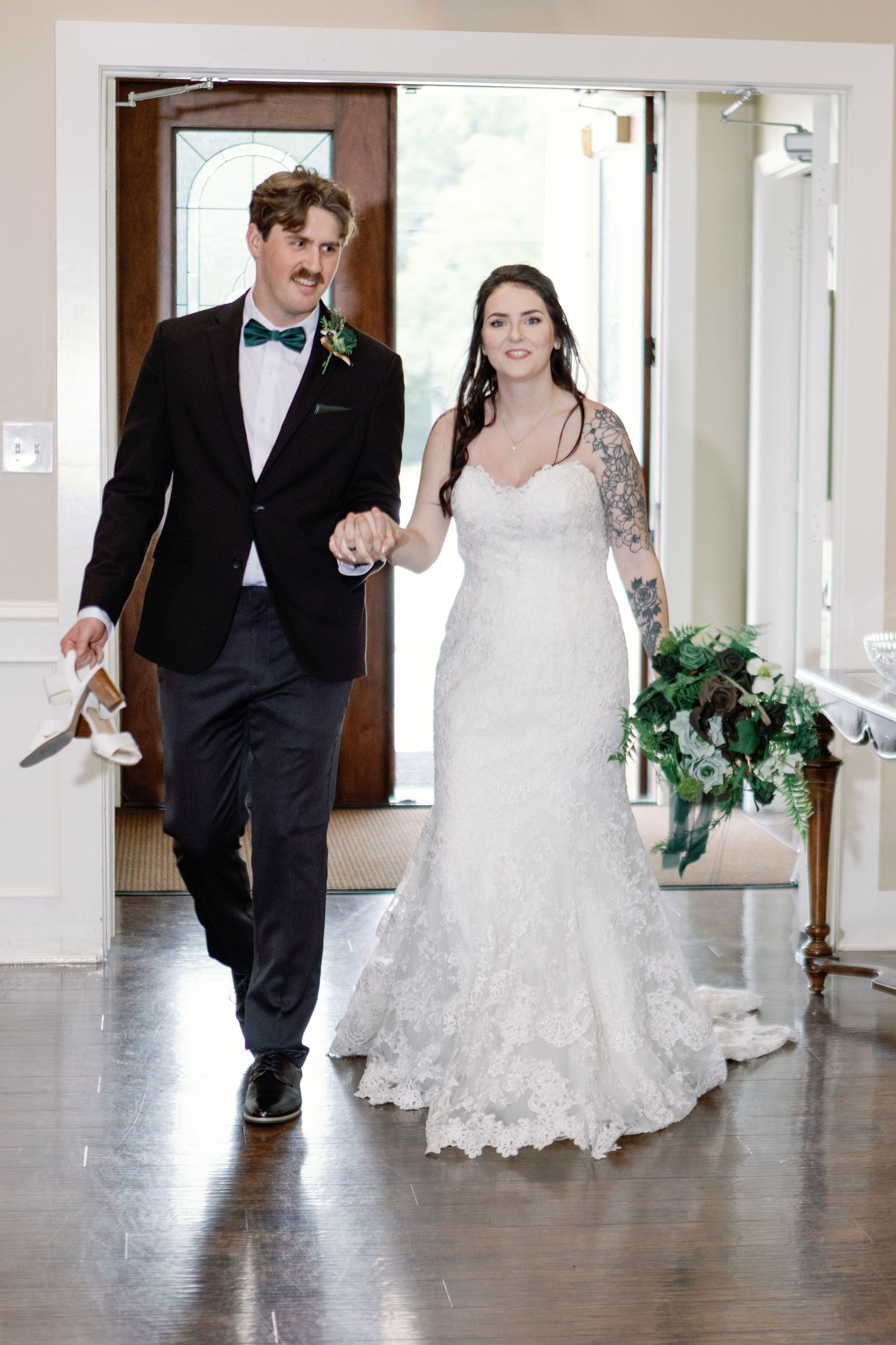 A sequence of joyful wedding moments showing a couple dancing and twirling in an elegant indoor venue.