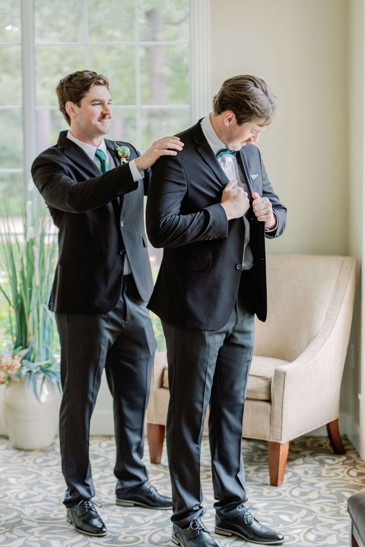 Series of playful photos showing dress shoes and pant legs during wedding preparations.