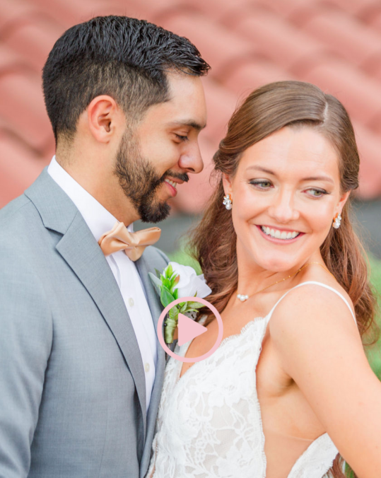 Romantic wedding portraits of couple in white dress and grey suit.