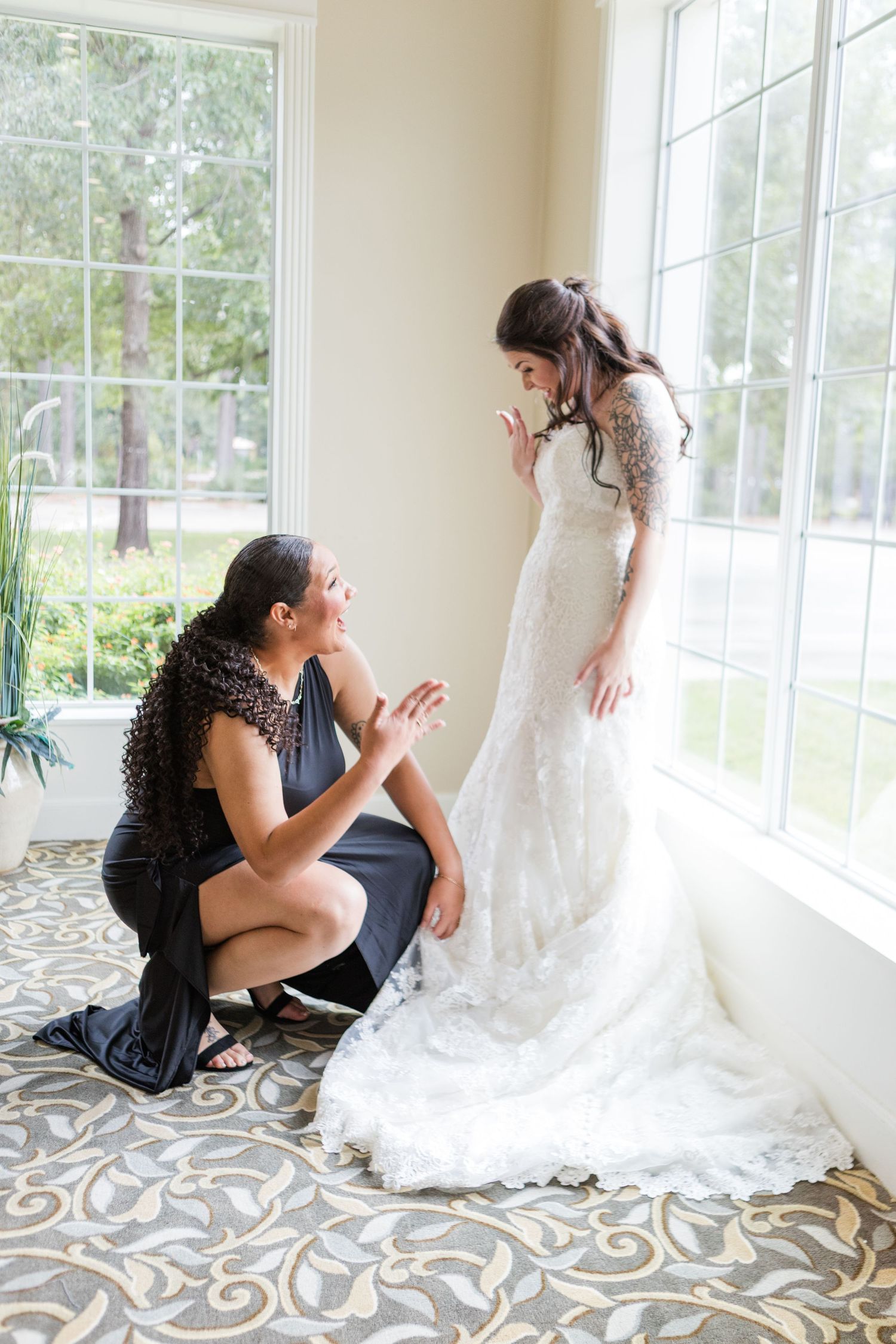 Sequence of images showing bridesmaids helping with a wedding dress in a bright sunlit room.