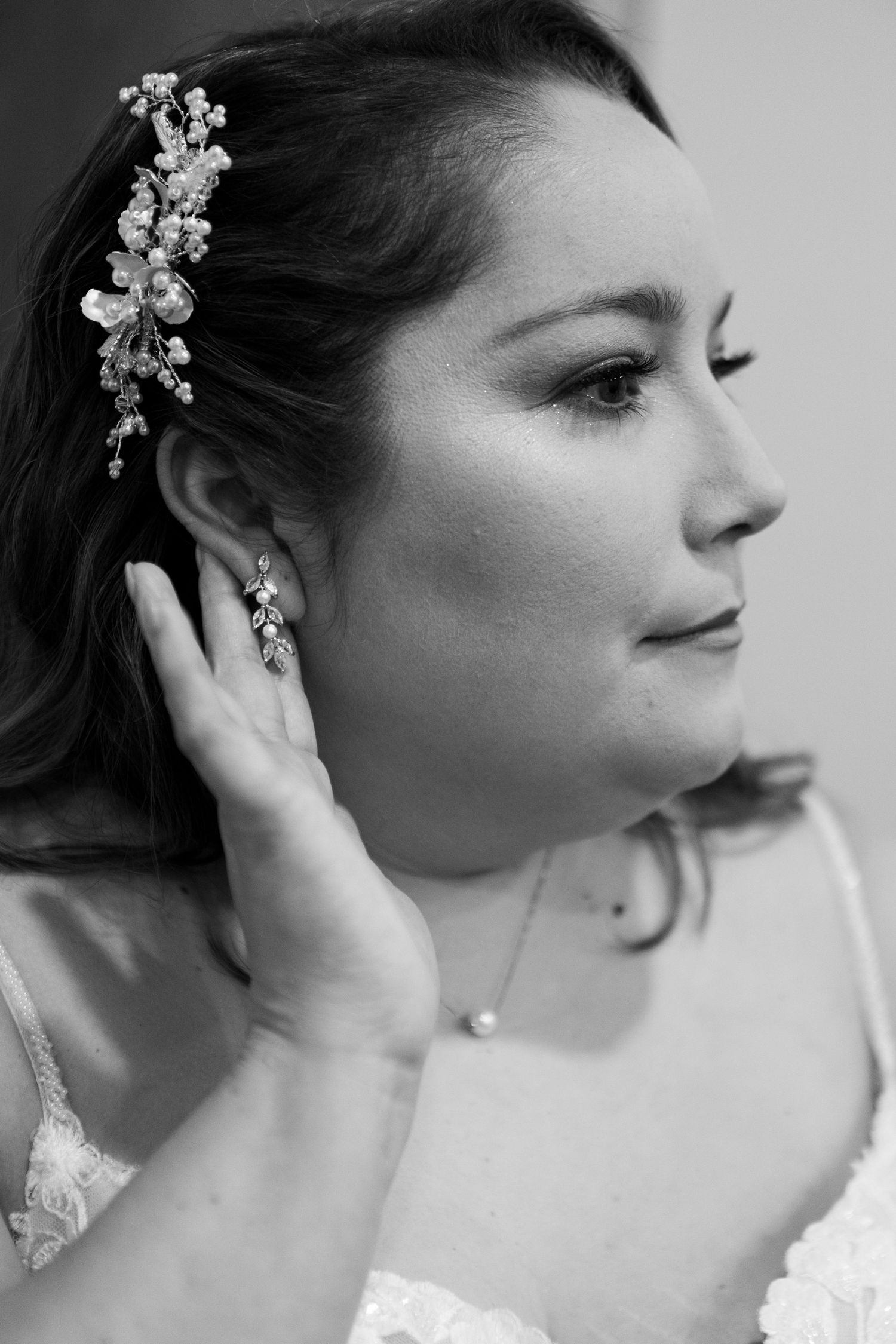 Side profile shots showing elegant bridal hair accessories and jewelry.