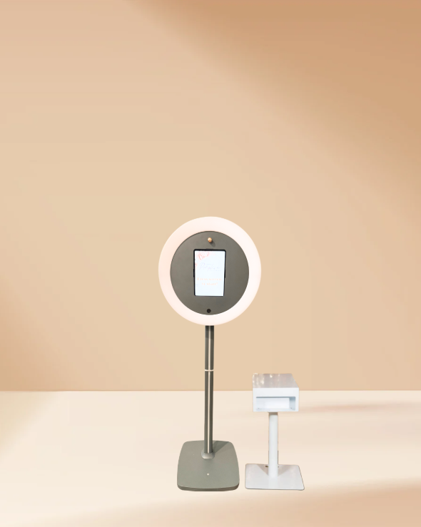 A modern LED desk lamp with sleek design and adjustable arm shown in four different positions against a beige background.