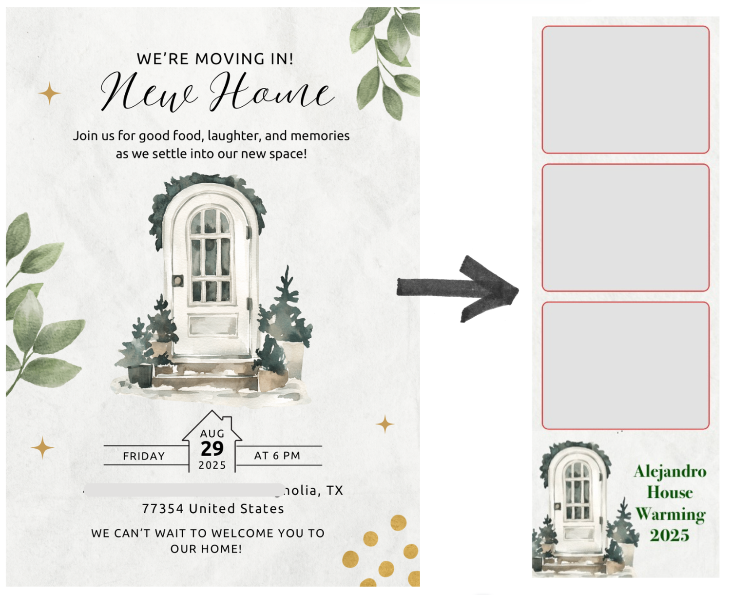 A collection of elegant home moving announcement designs with watercolor greenery and architectural illustrations.