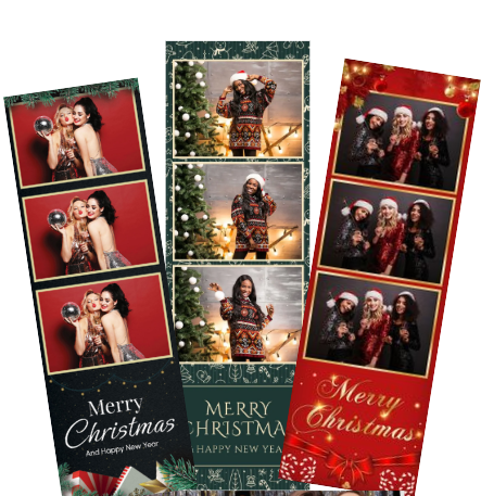 A collage of holiday photo cards arranged in a festive layout with red and green Christmas designs and decorative borders.