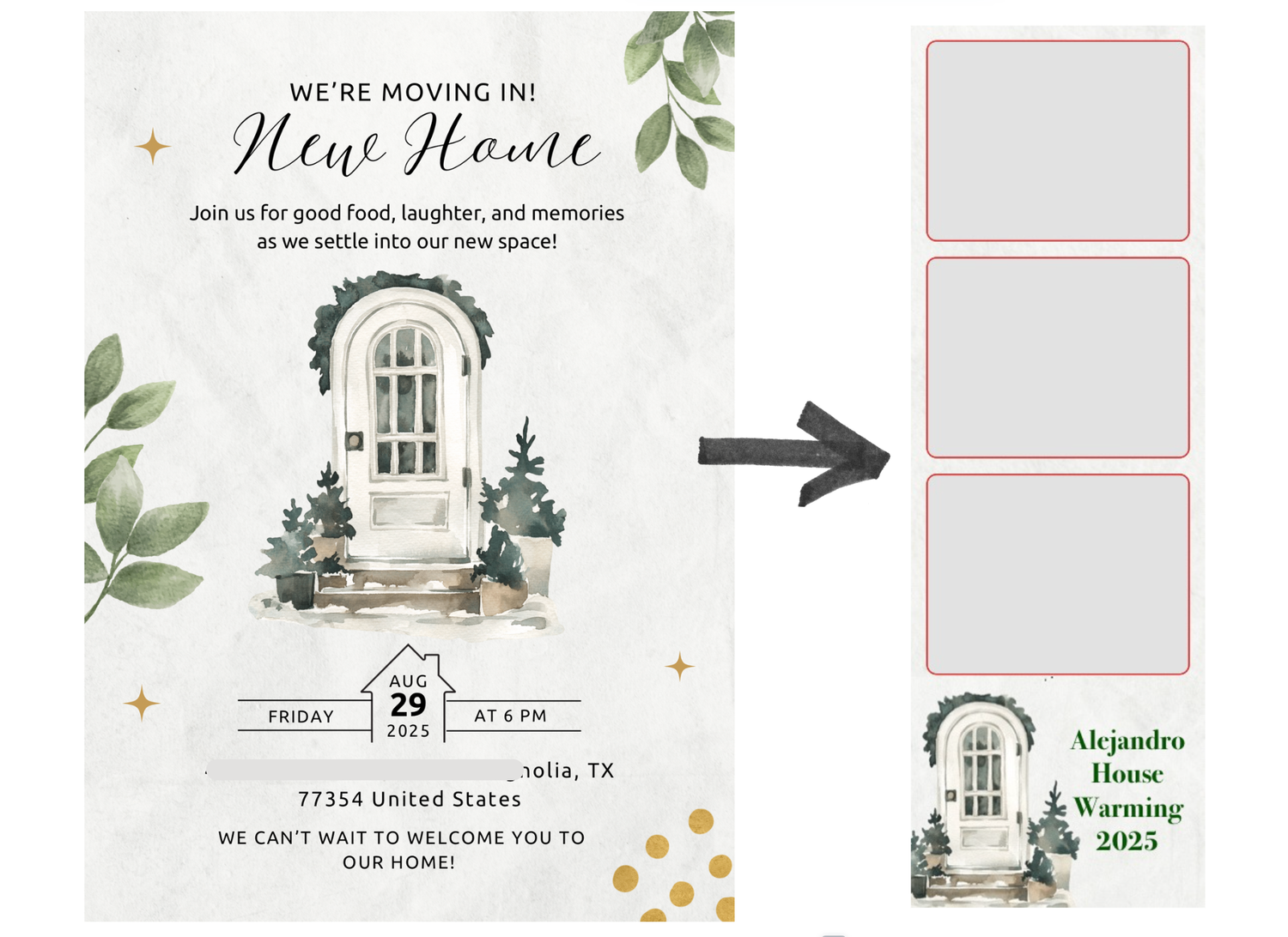 A series of minimal floral moving announcement templates with greenery accents and gold details on white backgrounds.