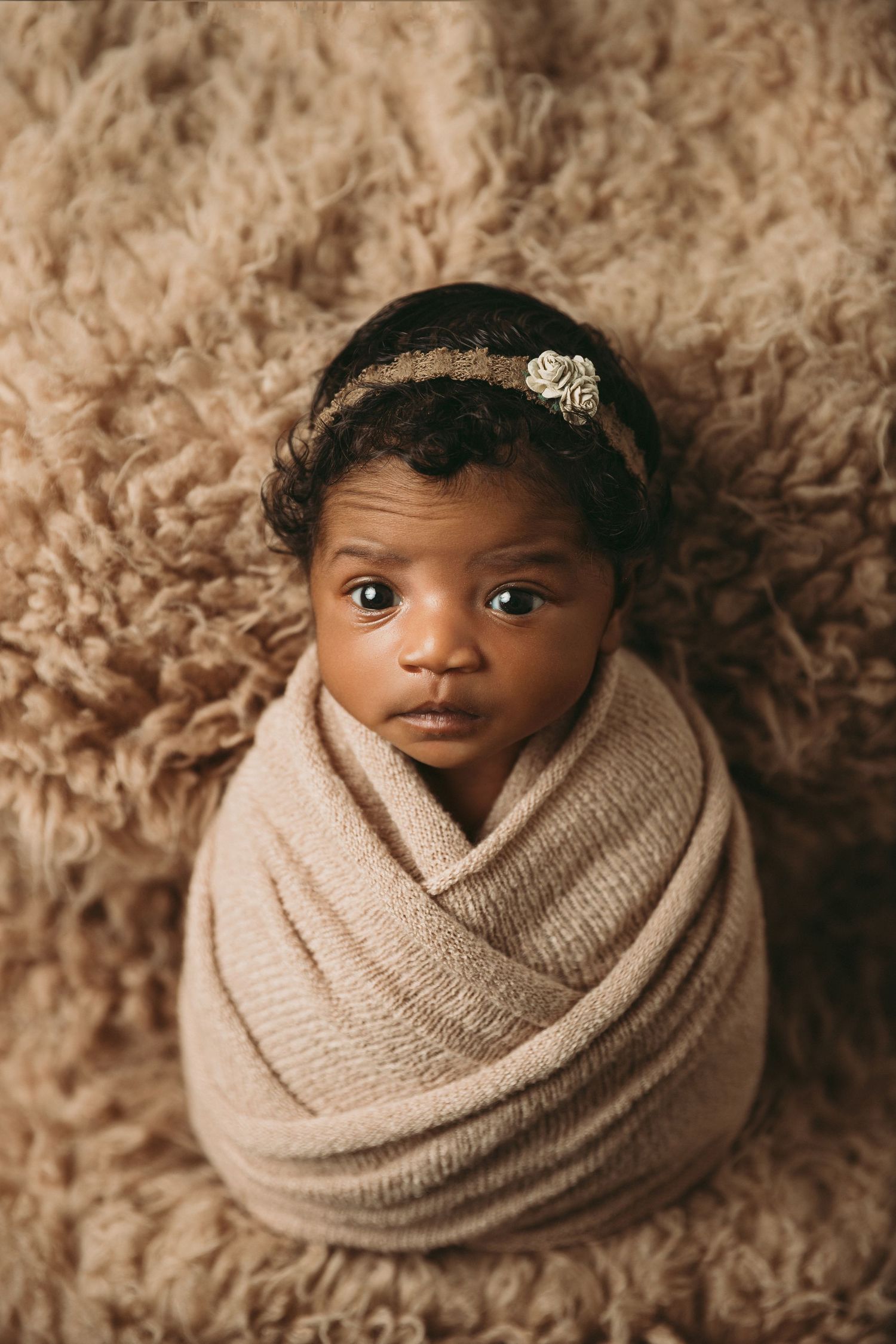 Newborn baby girl with eyes wide open wrapped in light brown swaddle during portrait session with Tami Harris Photography