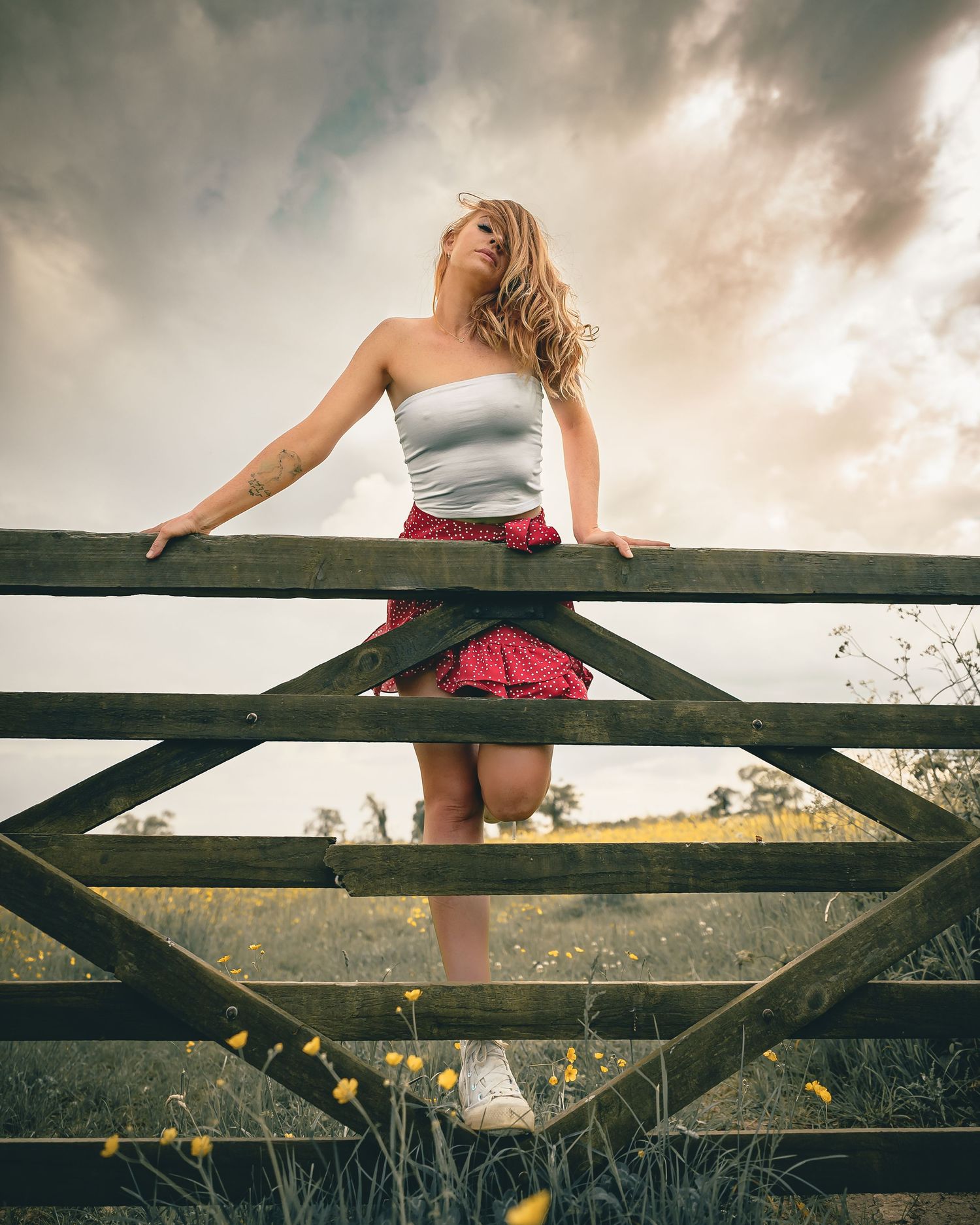 Blonde woman in white tube top and red skirt posing on wooden fence under dramatic sky.